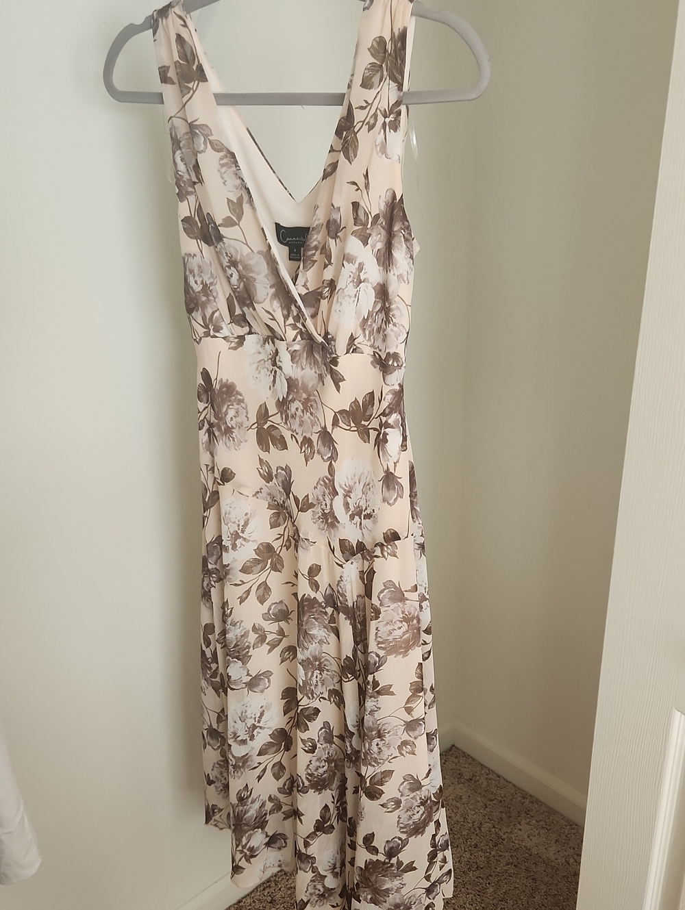 connected apparel Cream Floral Midi Dress with Brown Print